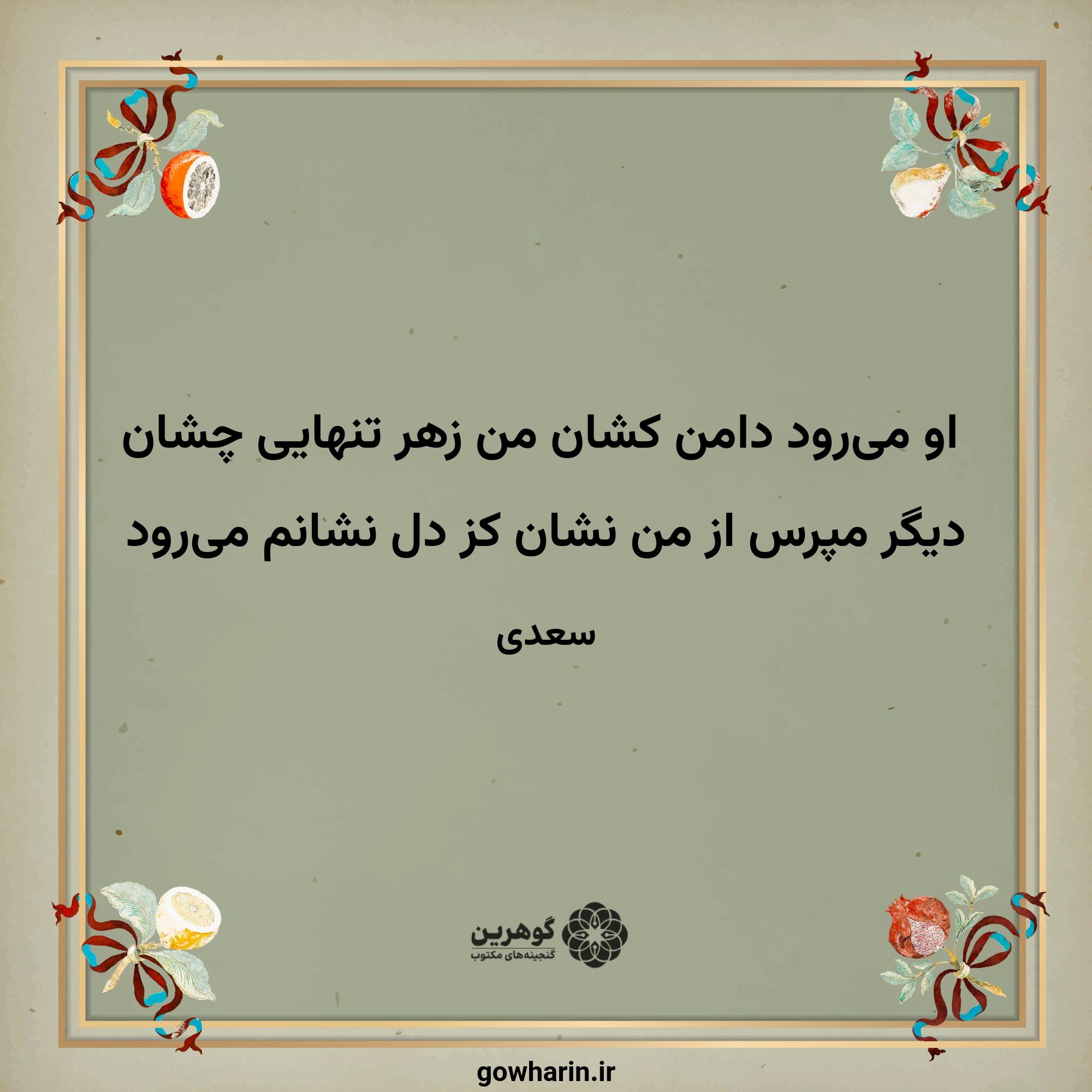 او می‌رود دامن کشان من زهر تنهایی چشان
دیگر مپرس از من نشان کز دل نشانم می‌رود