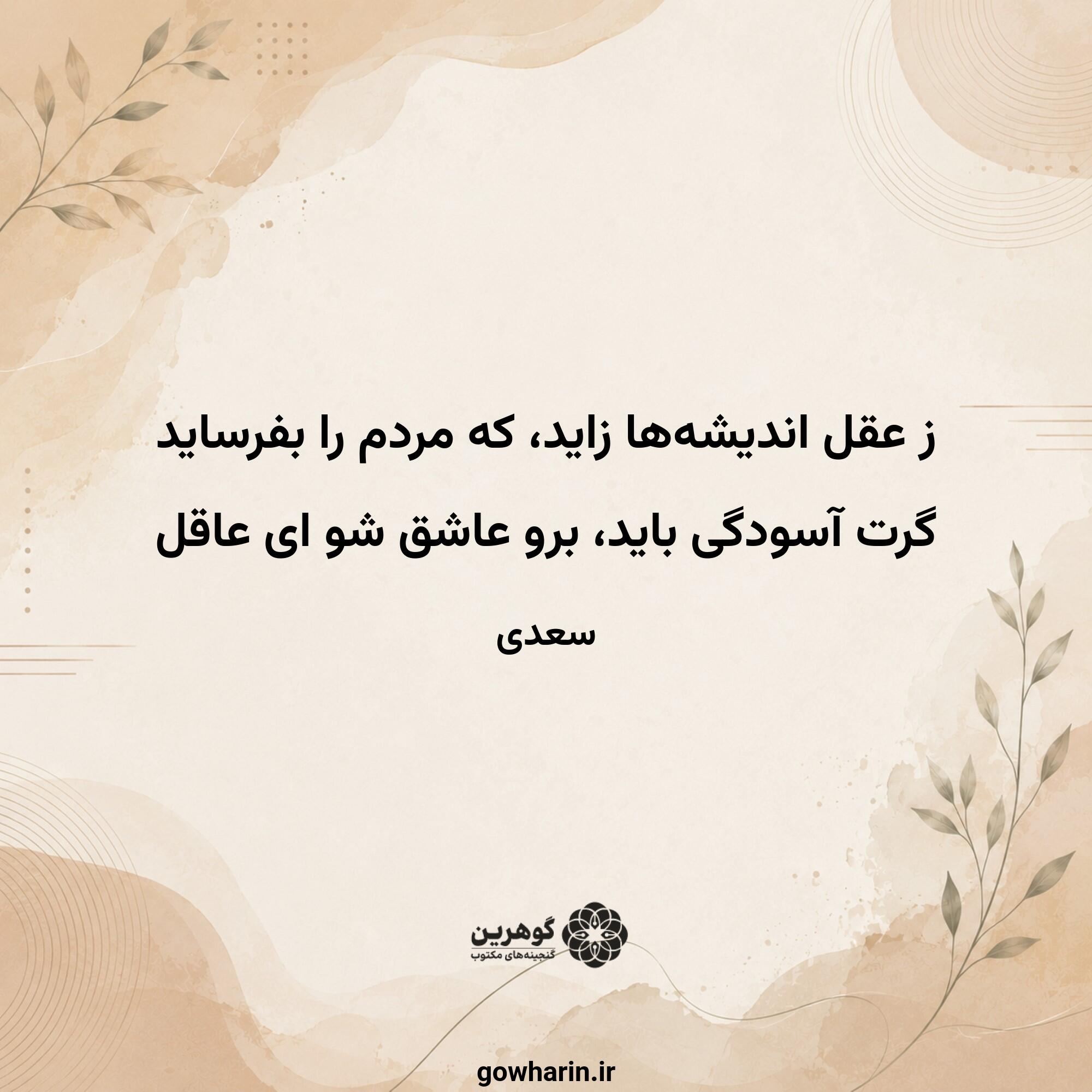 ز عقل اندیشه‌ها زاید، که مردم را بفرساید
گرت آسودگی باید، برو عاشق شو ای عاقل