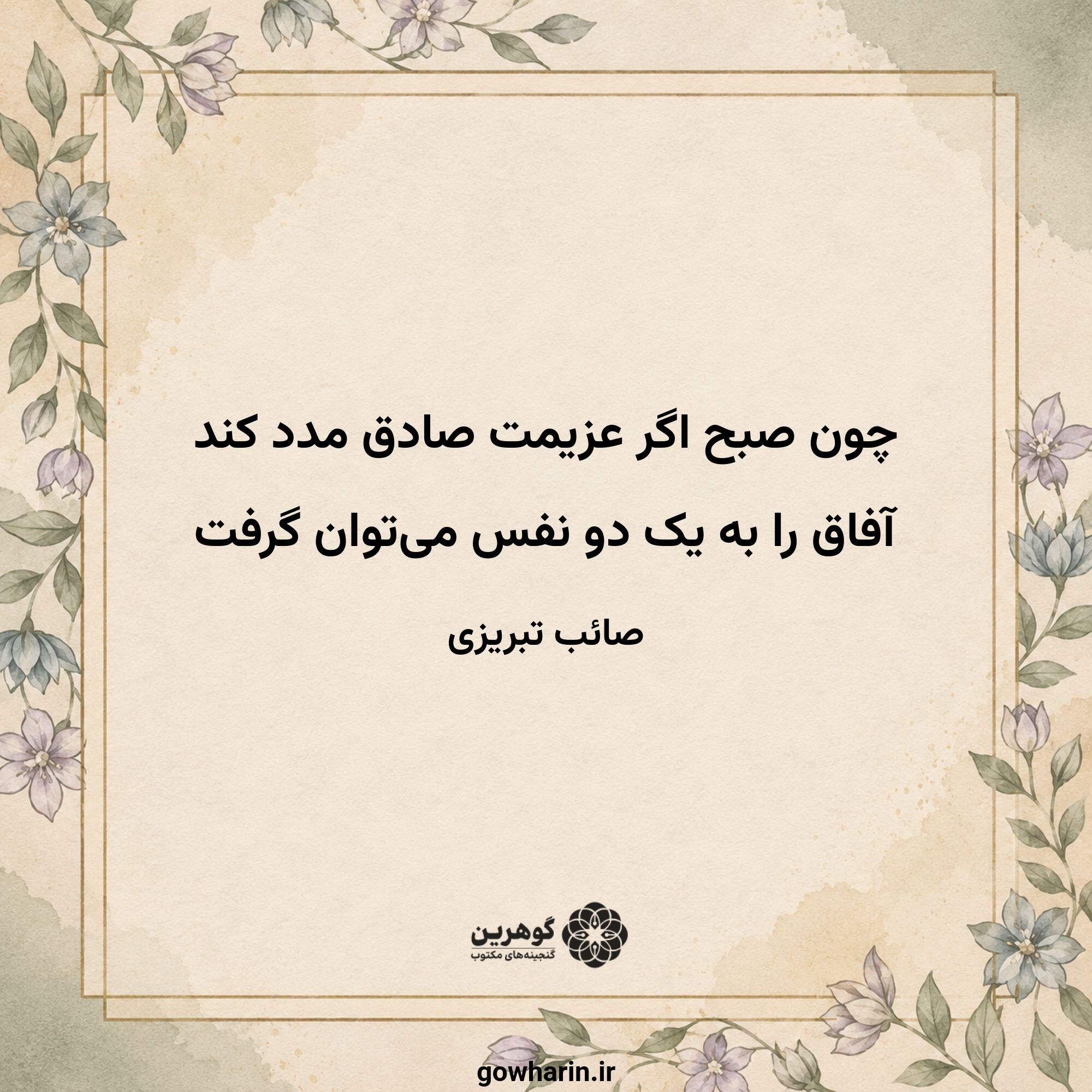 چون صبح اگر عزیمت صادق مدد کند
آفاق را به یک دو نفس می‌توان گرفت